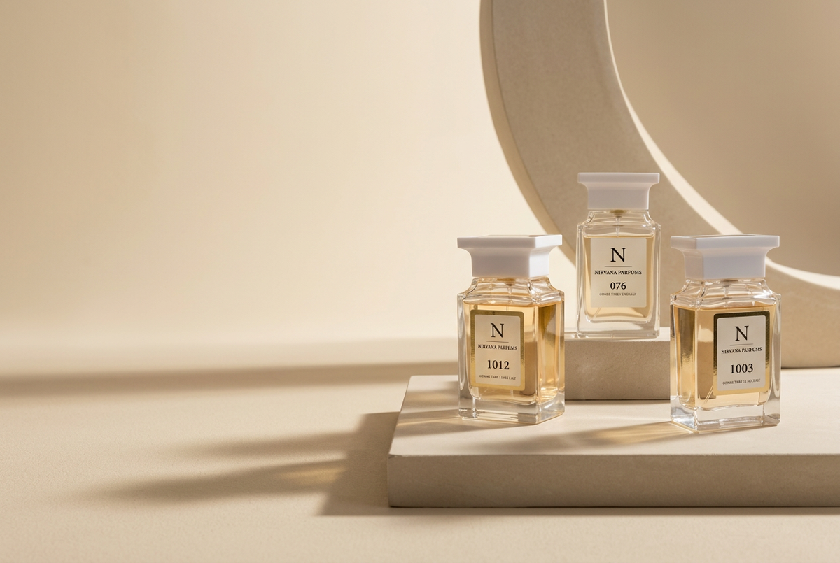 Banner elegante y minimalista con los tres perfumes